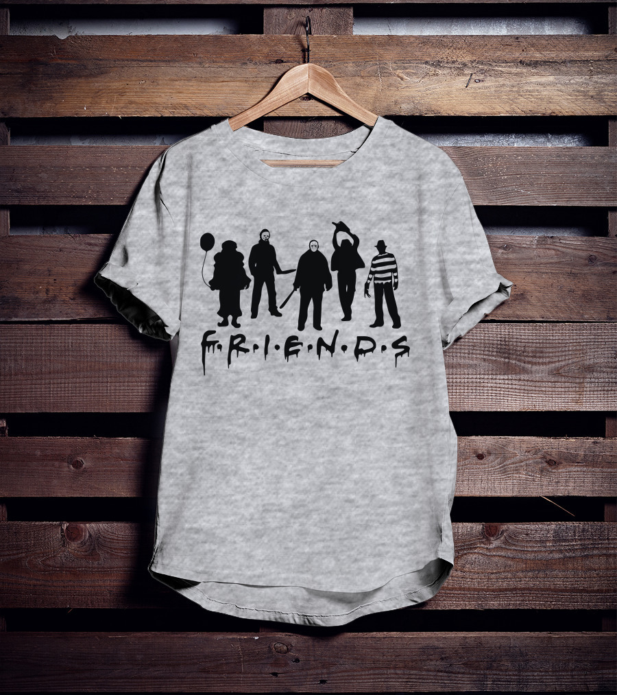 F.R.I.E.N.D.S Halloween Horror Movie Characters With Balloon And Stripes T-Shirt