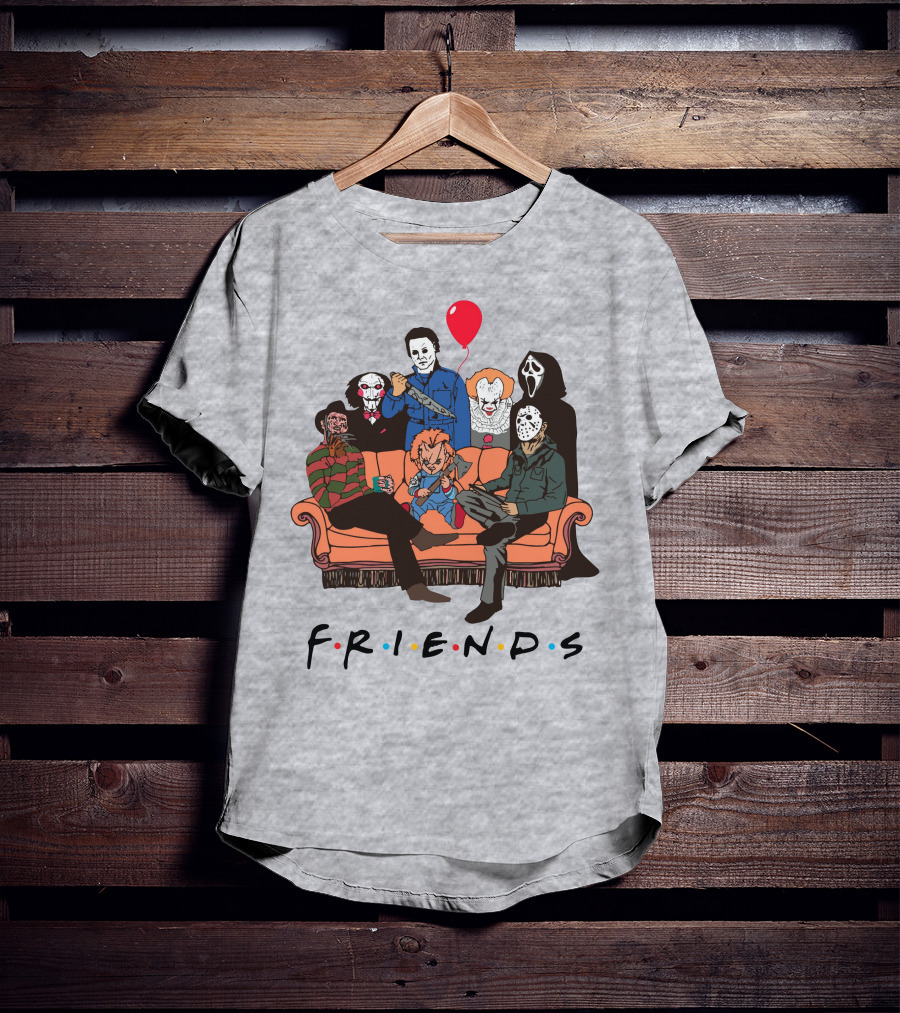Famous Horror Movie Killers Characters Friends Sitting On Couch With Red Balloon T-Shirt