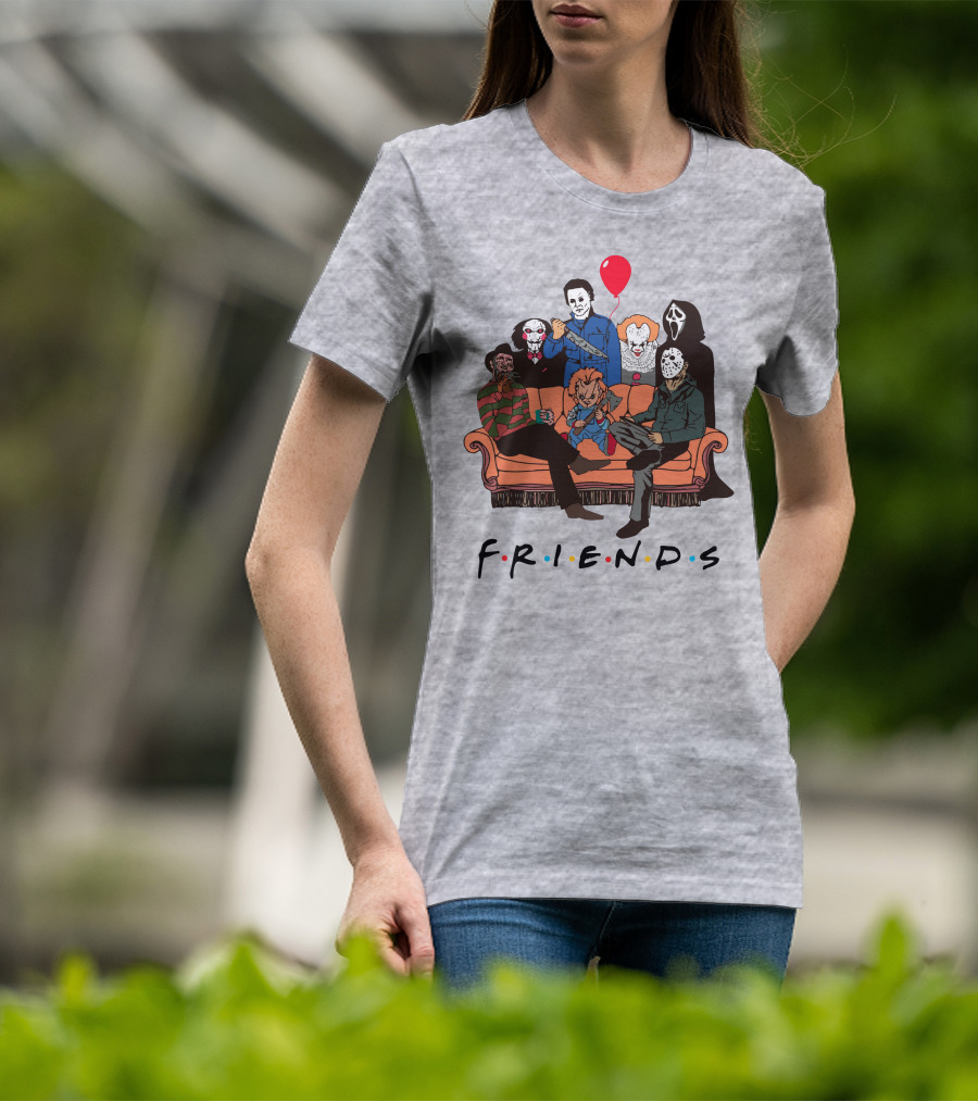 Famous Horror Movie Killers Characters Friends Sitting On Couch With Red Balloon T-Shirt