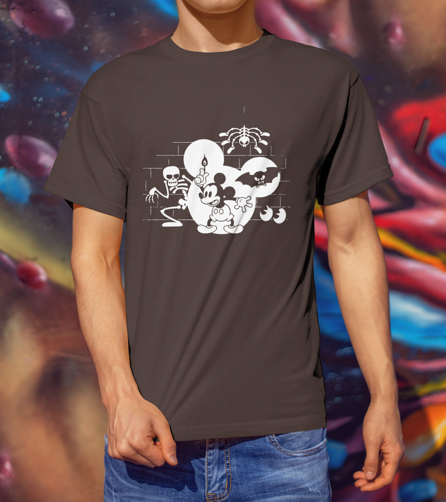 Mickey Mouse Haunted Halloween Mansion With Skeleton And Bat T-Shirt