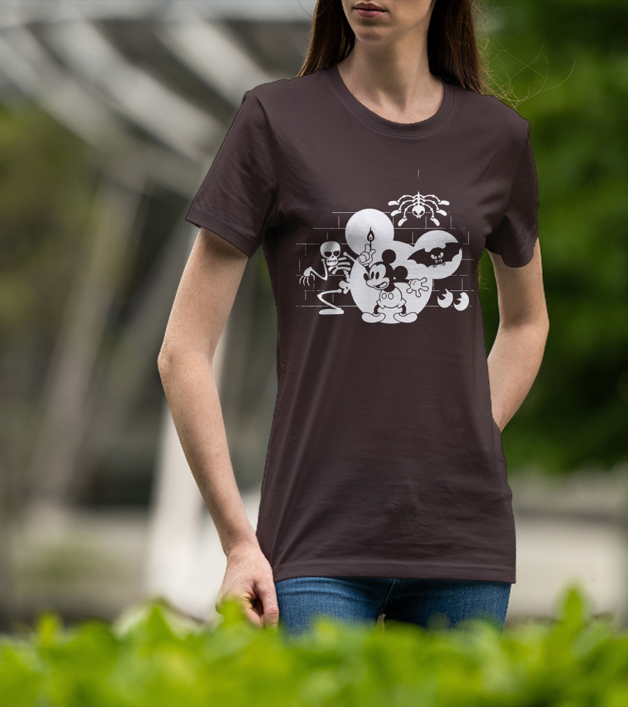 Mickey Mouse Haunted Halloween Mansion With Skeleton And Bat T-Shirt