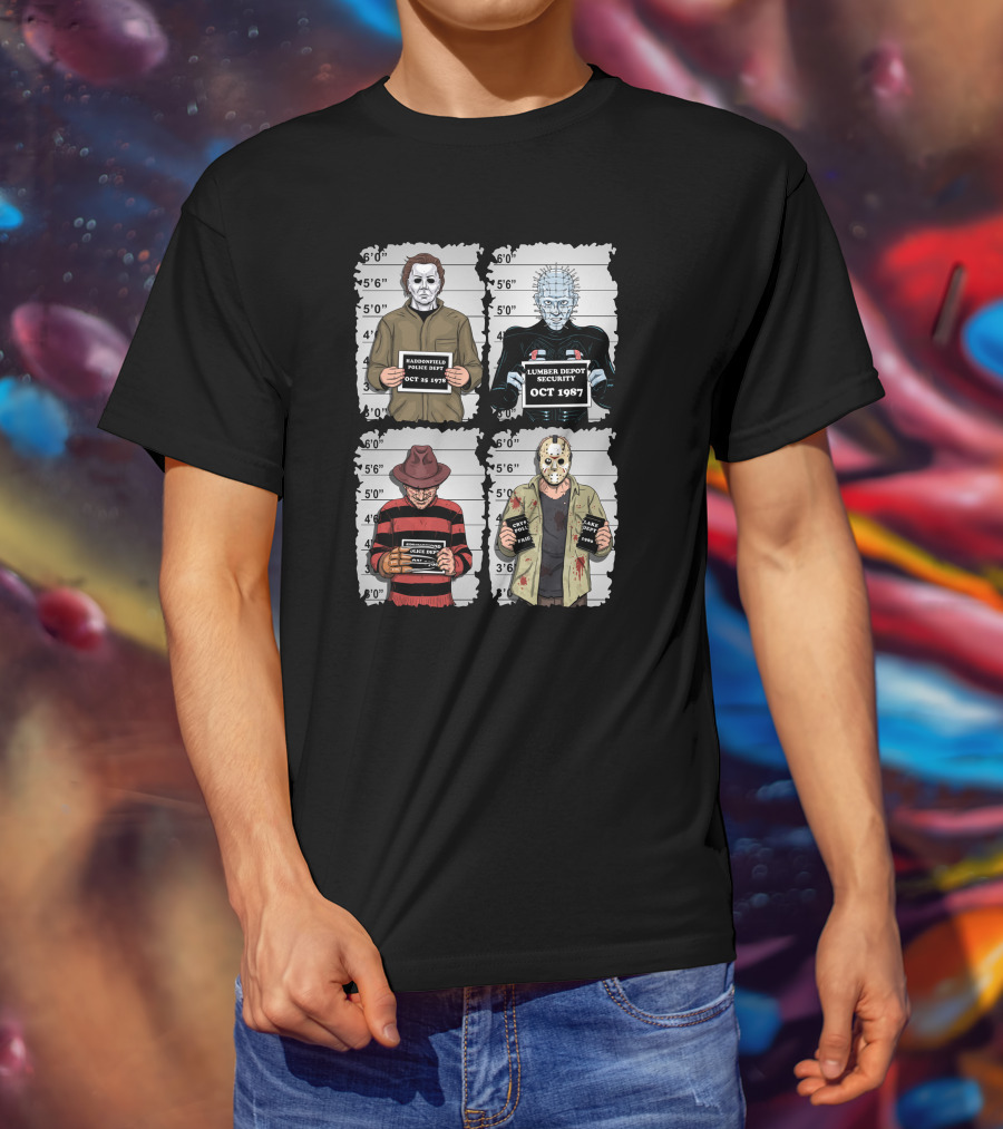 Horror Movie Characters Mugshot Haddonfield Lumber Depot Freddy Elm Street Lake Crystal T-Shirt
