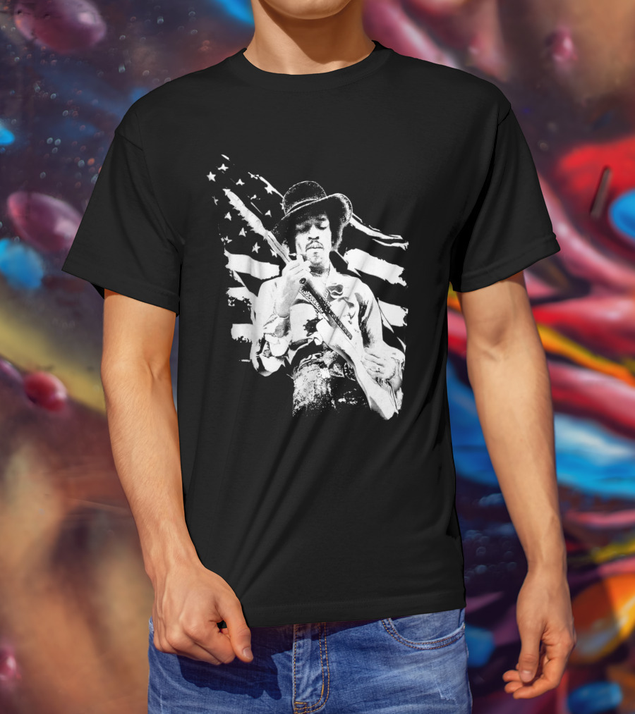 Jimi Hendrix Americana With Stars And Stripes Flag T-Shirt
