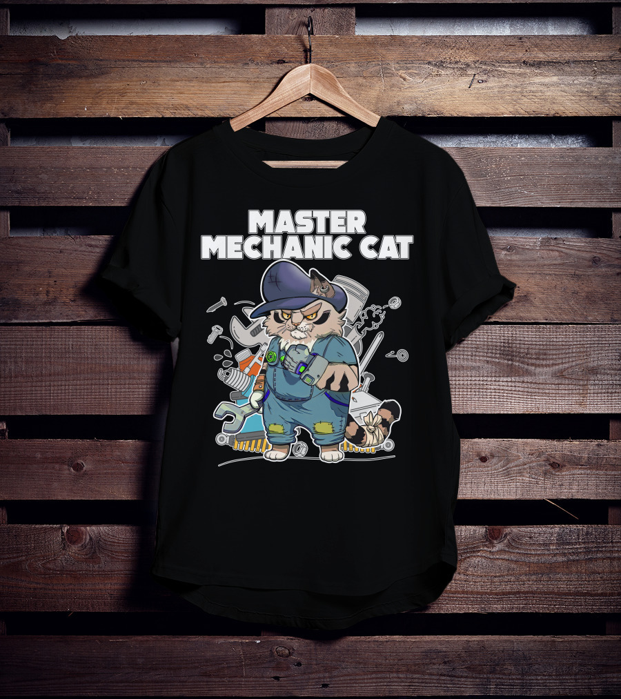 Master Mechanic Cat Repair Crew With Tools And Blue Overalls T-Shirt