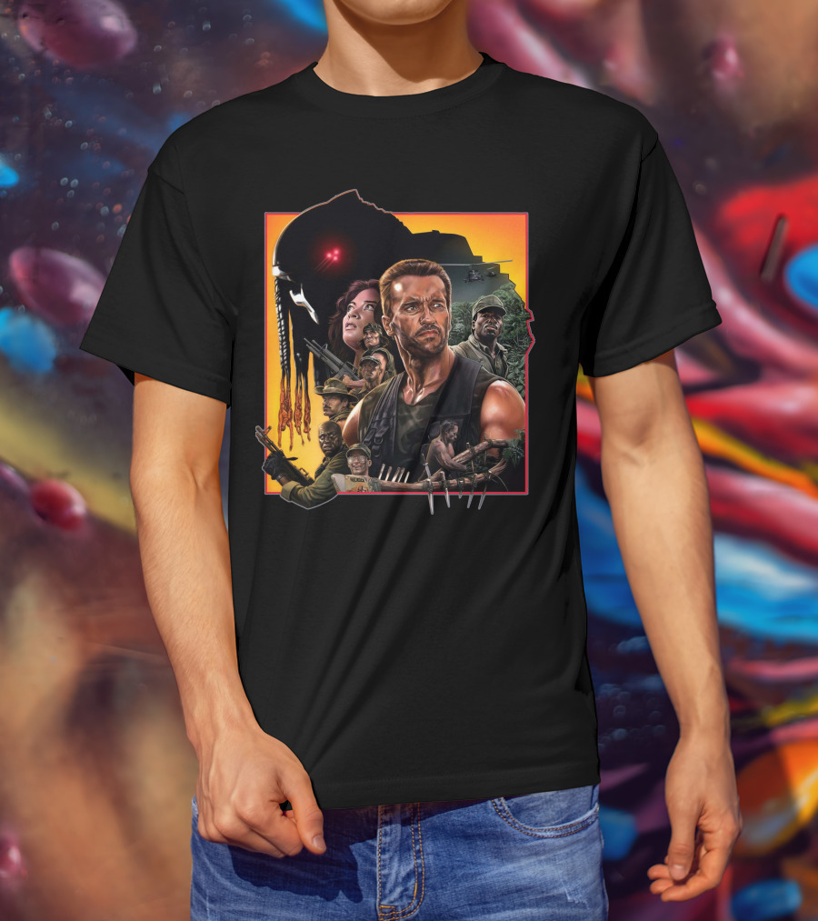 Predator Movie Characters And Jungle Battle Scene T-Shirt