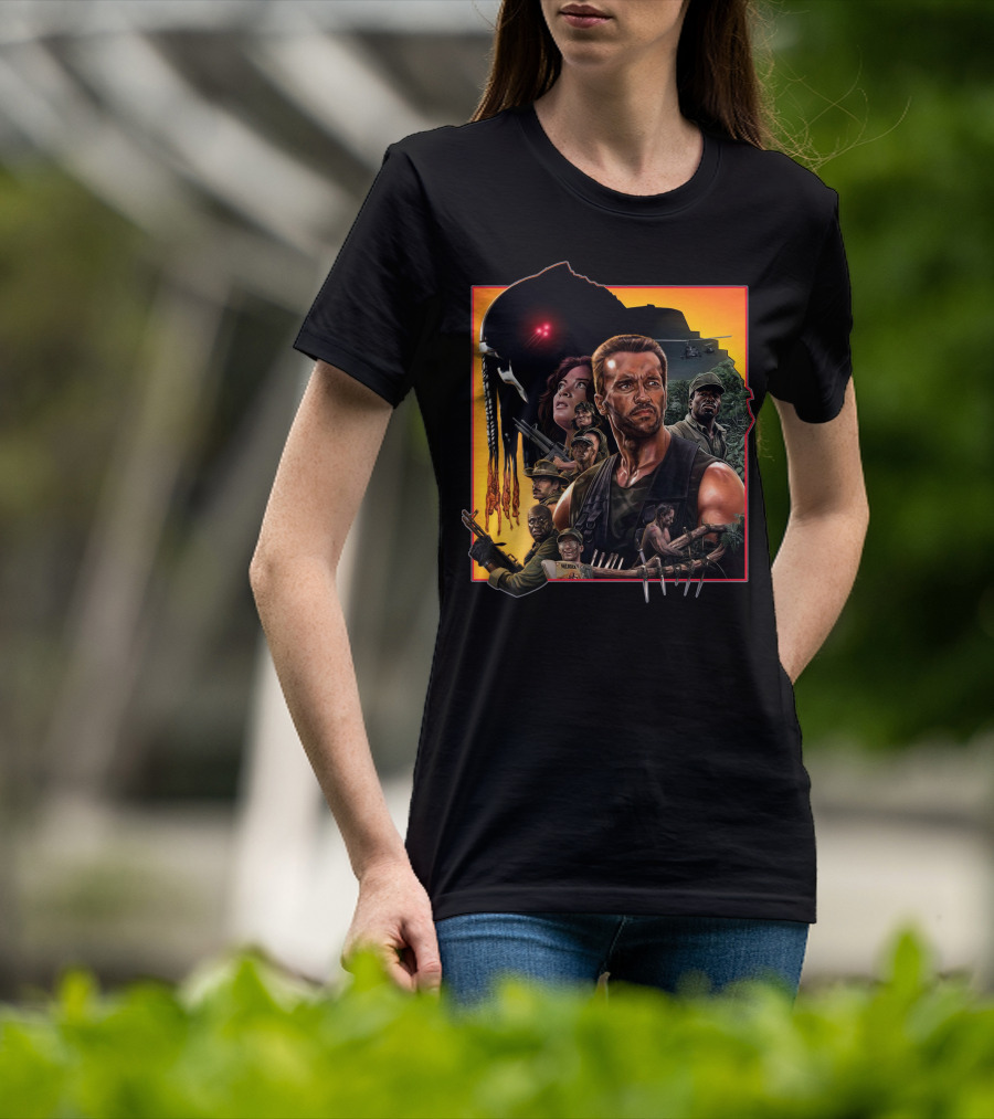 Predator Movie Characters And Jungle Battle Scene T-Shirt