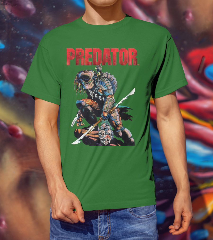 Predator Armored Warrior Kneeling With Blade And Skull Trophy T-Shirt