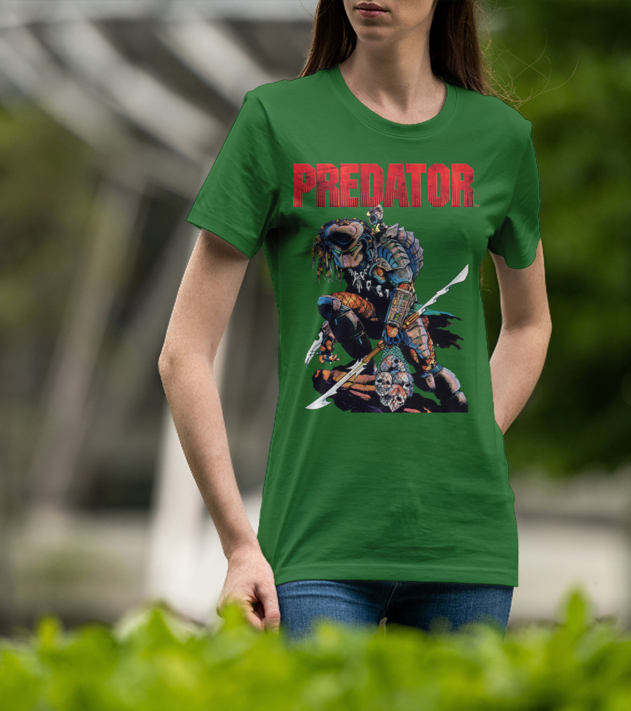 Predator Armored Warrior Kneeling With Blade And Skull Trophy T-Shirt