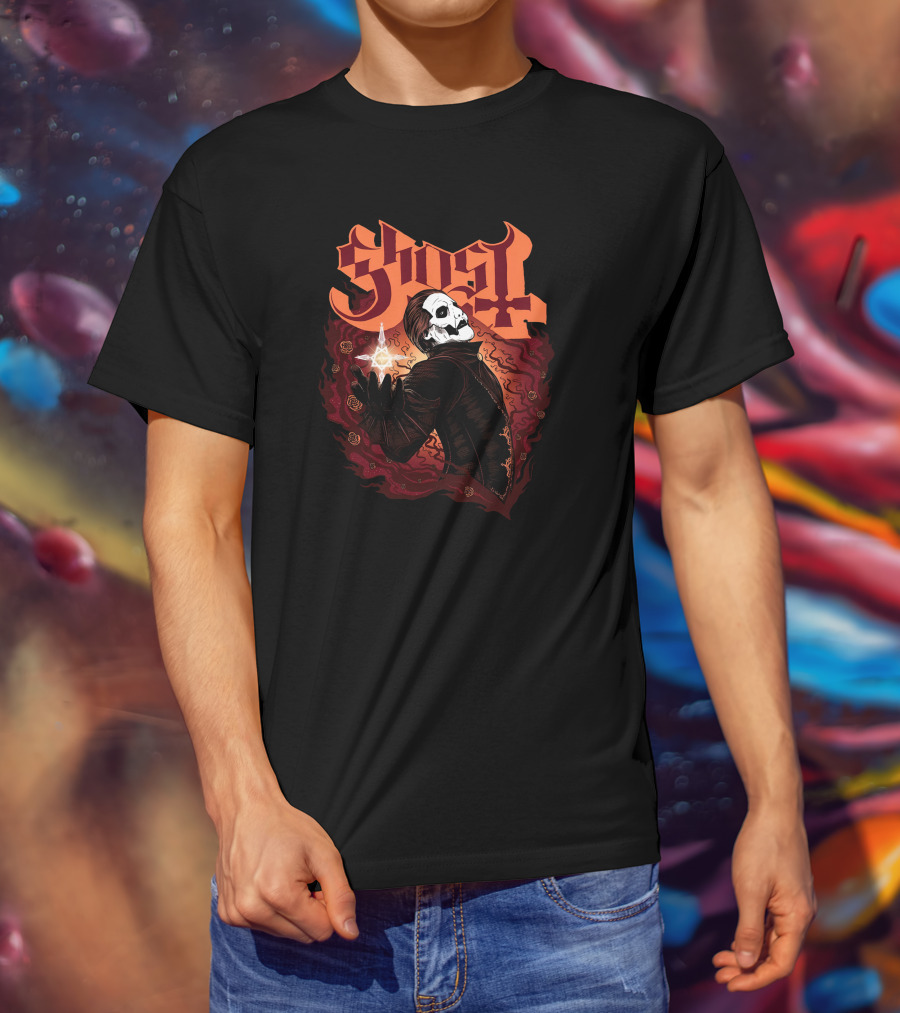 Ghost Band Skull Figure Red Flames T-Shirt