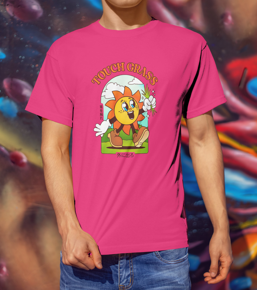 TOUCH GRASS Hellvetika Sunflower Character Boots Japan Text T-Shirt
