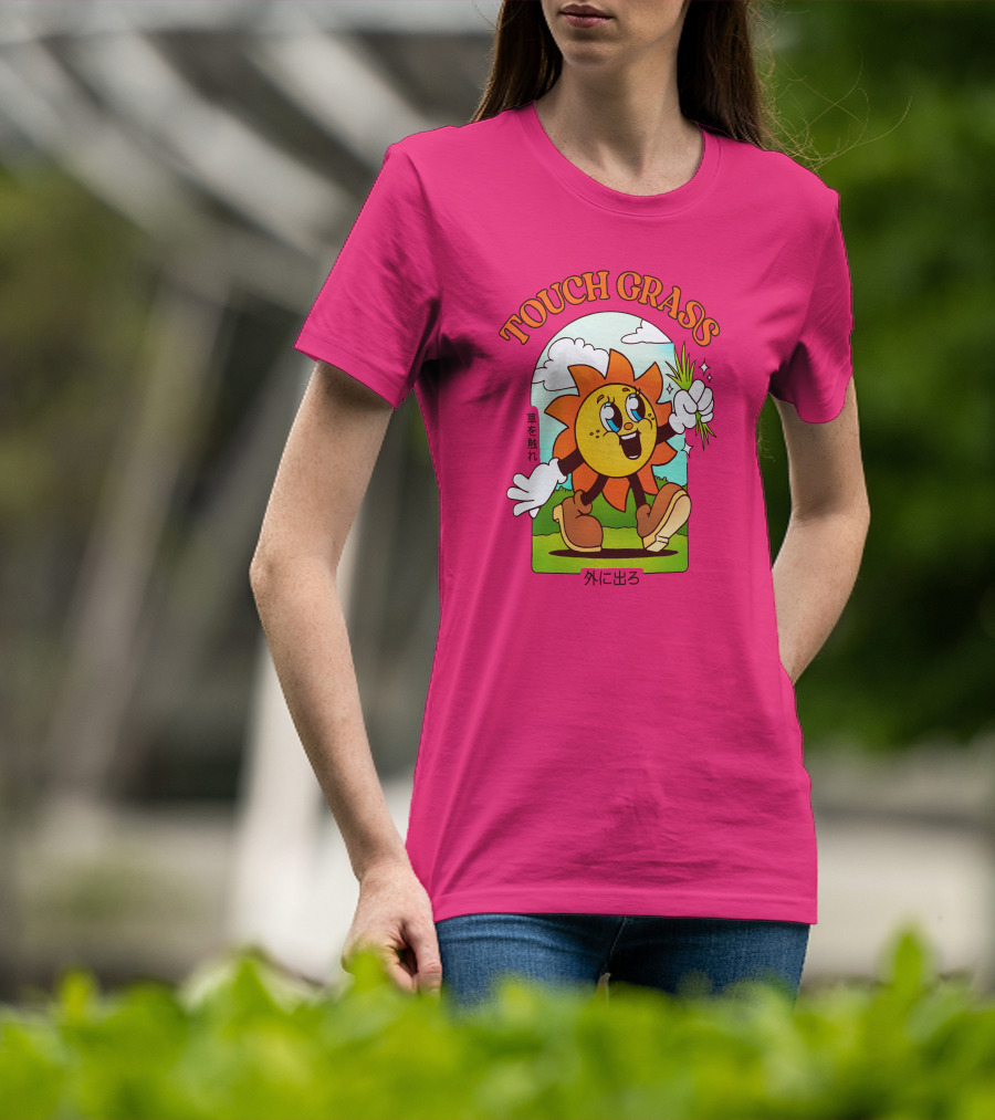 TOUCH GRASS Hellvetika Sunflower Character Boots Japan Text T-Shirt