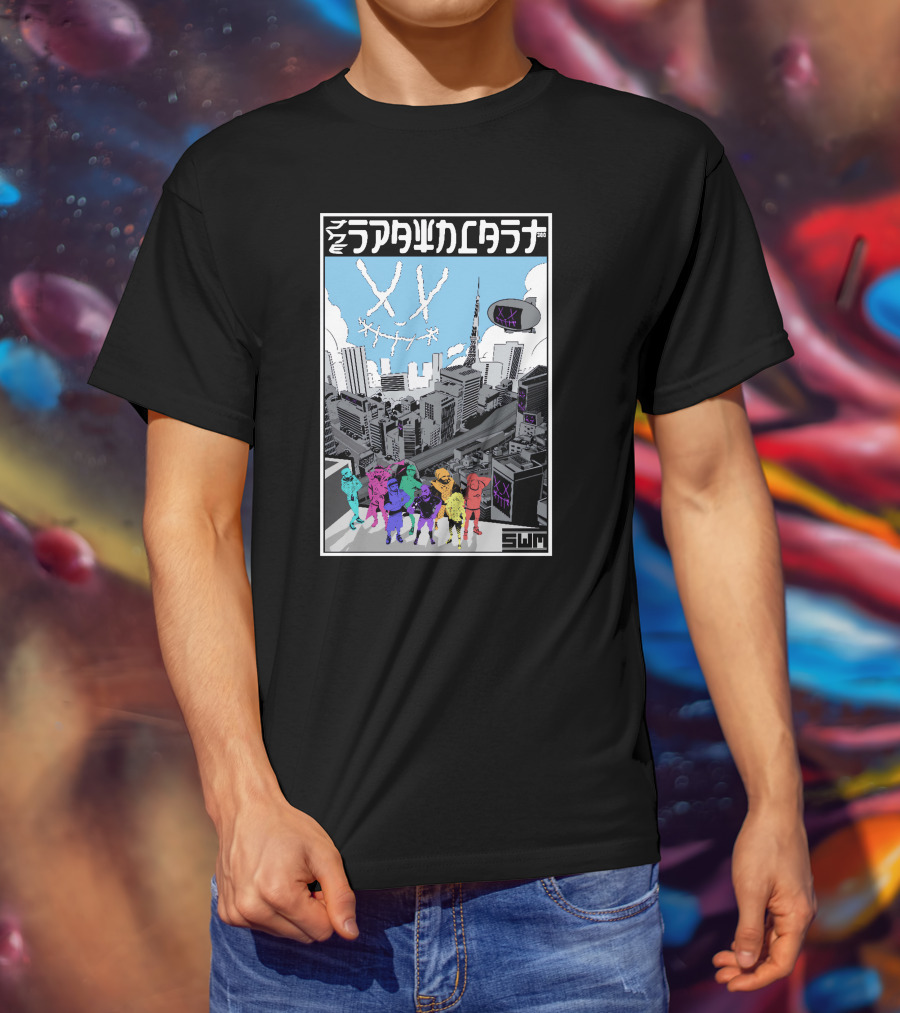 Spawncast Cyberpunk Cityscape With Masked Figures And Smiling Skyline Eyes T-Shirt