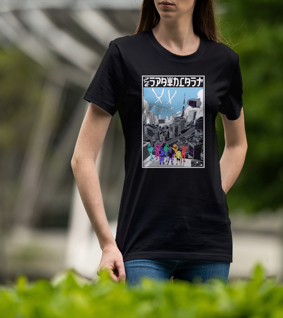 Spawncast Cyberpunk Cityscape With Masked Figures And Smiling Skyline Eyes T-Shirt