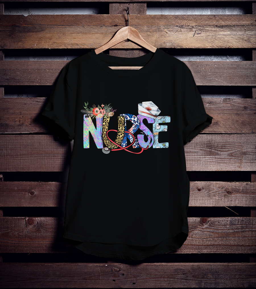 Nurse Colorful Floral Animal Print Stethoscope Hat T-Shirt