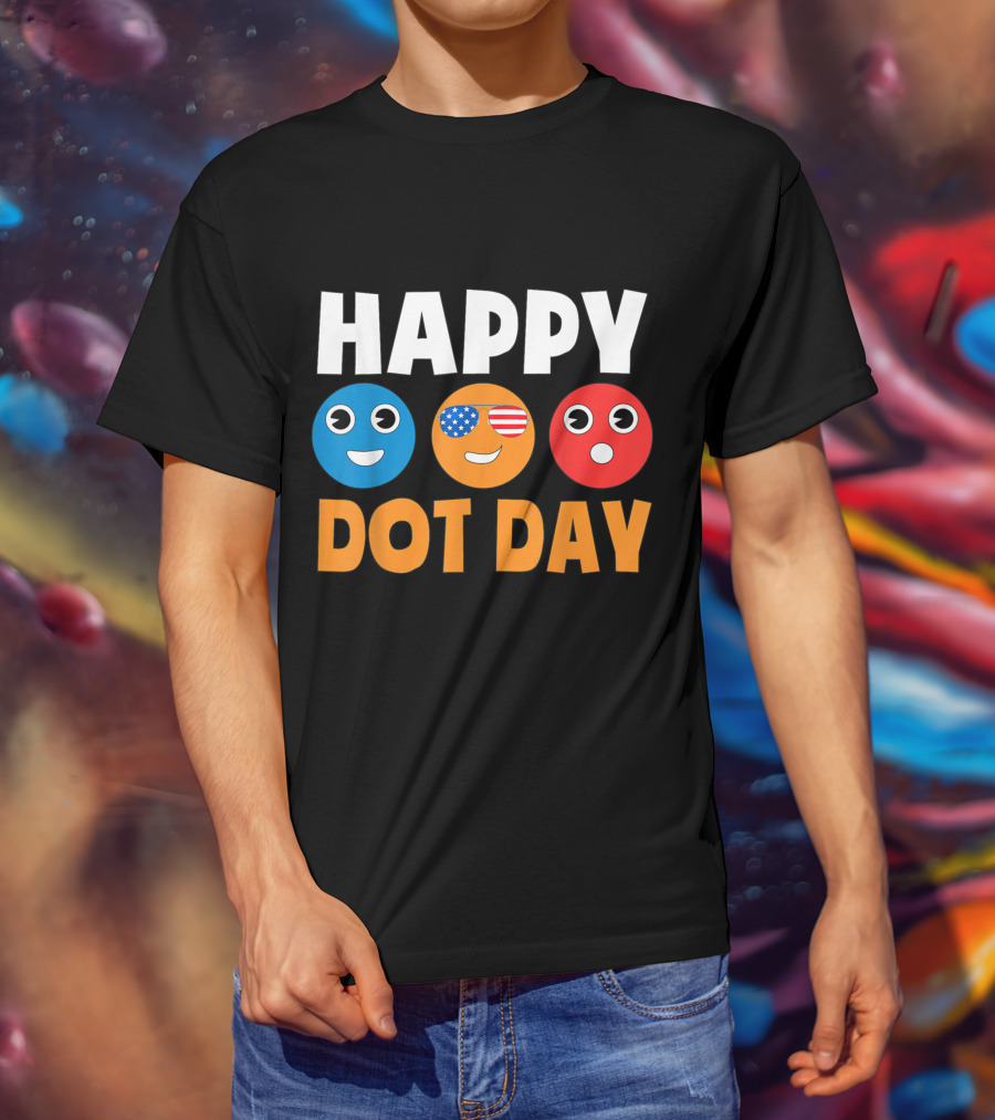 Happy International Dot Day Colorful Emoji Faces With USA Flag Glasses T-Shirt