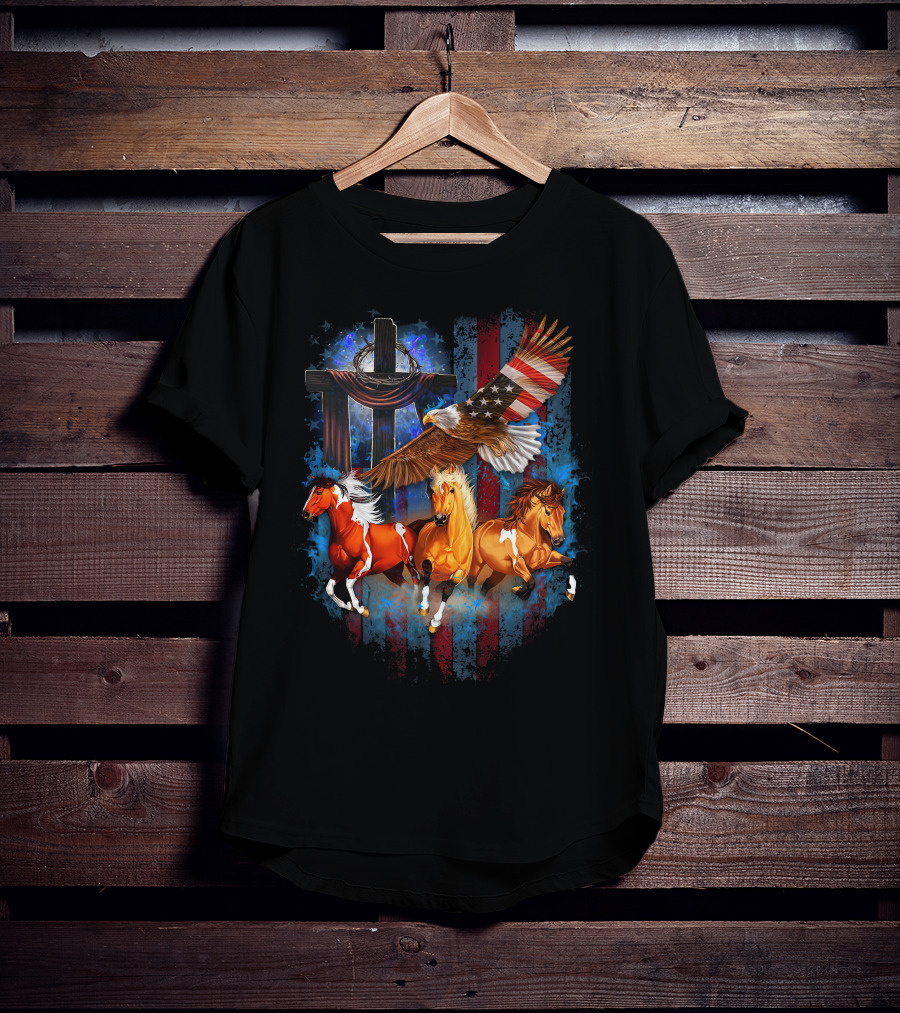 GOD Horse American Flag Eagle Cross T-Shirt