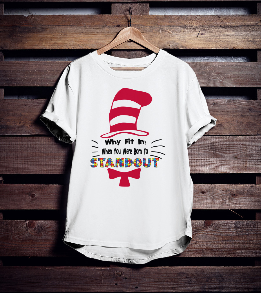 Why Fit In When You Were Born To Standout Autism Cat Hat Puzzle T-Shirt