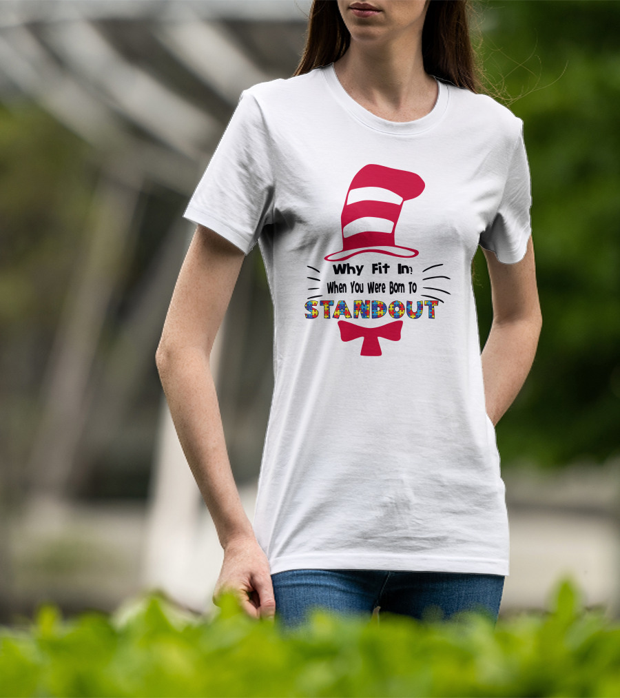 Why Fit In When You Were Born To Standout Autism Cat Hat Puzzle T-Shirt