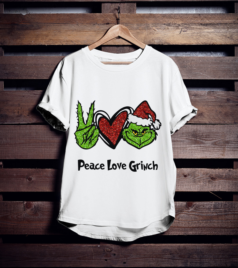 Peace Love Grinch Glitter Christmas Santa Hat T-Shirt