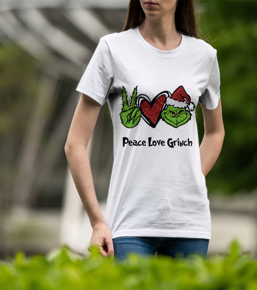 Peace Love Grinch Glitter Christmas Santa Hat T-Shirt