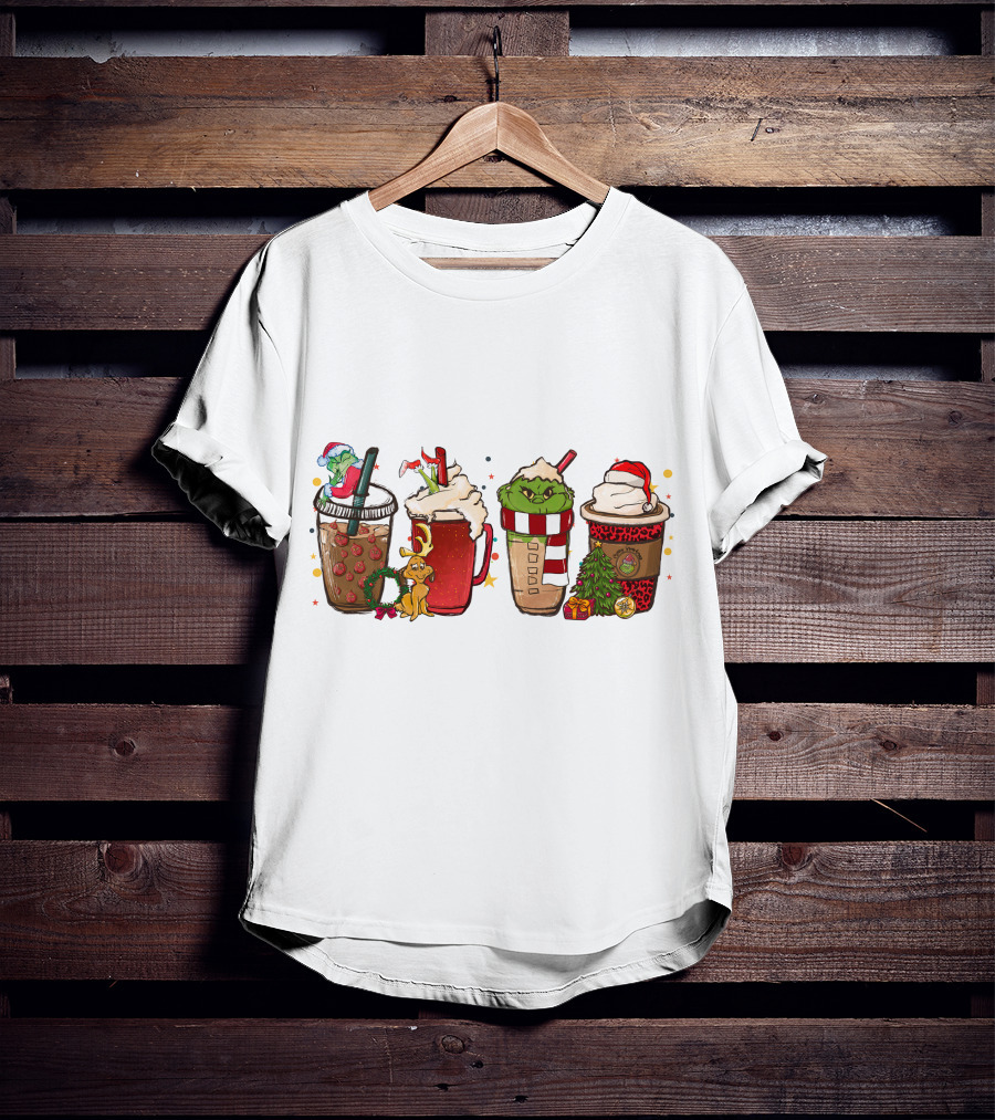 Grinch Christmas Coffee Drinks With Santa Hats And Holiday Decorations T-Shirt