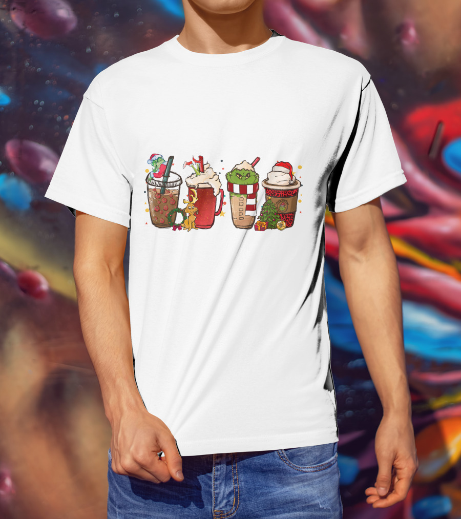 Grinch Christmas Coffee Drinks With Santa Hats And Holiday Decorations T-Shirt