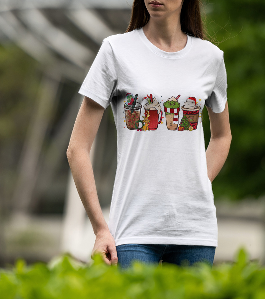 Grinch Christmas Coffee Drinks With Santa Hats And Holiday Decorations T-Shirt