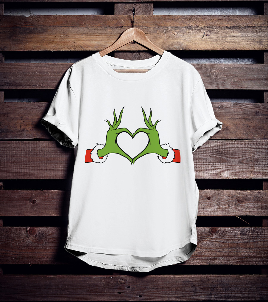 Grinch Hand Heart Christmas Santa Sleeve T-Shirt
