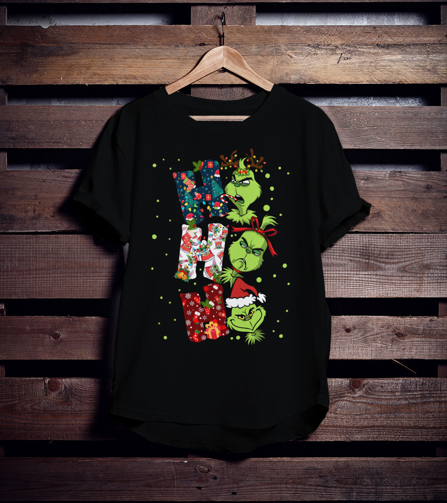 Grinch Ho Ho Ho Christmas Characters With Antlers And Santa Hat T-Shirt