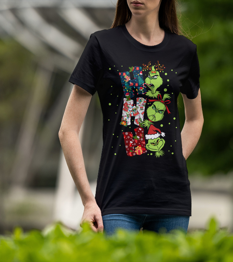 Grinch Ho Ho Ho Christmas Characters With Antlers And Santa Hat T-Shirt