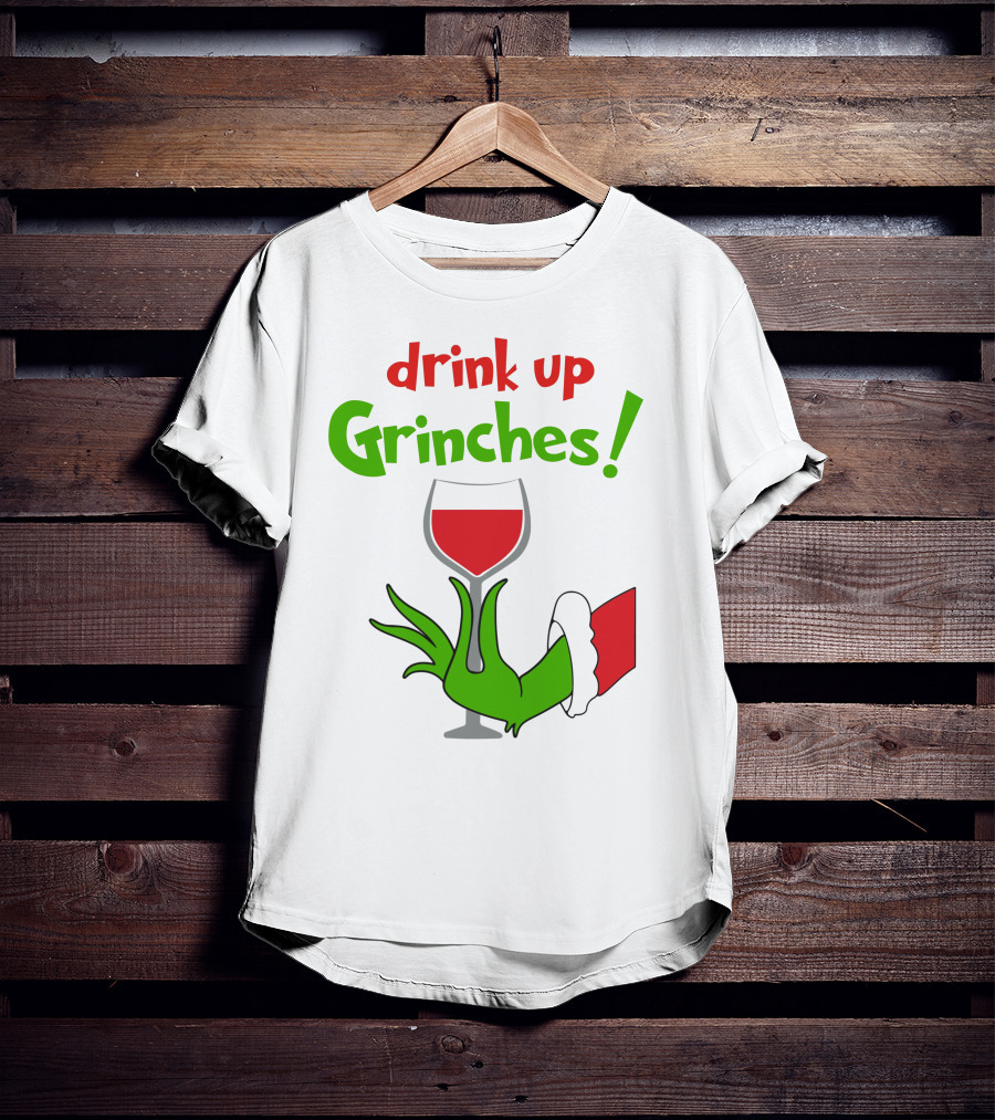 Drink Up Grinches Christmas Wine Glass Green Hand Santa Sleeve T-Shirt