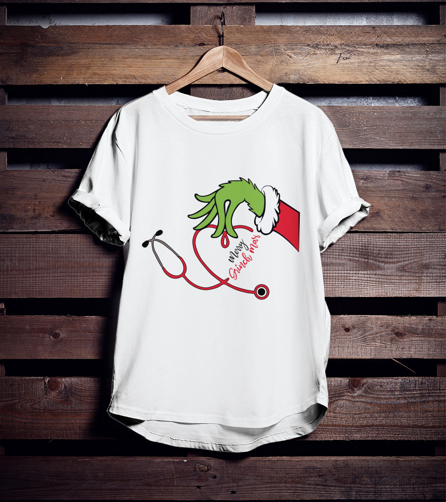 Merry Grinchmas Nurse Stethoscope Christmas Grinch Hand T-Shirt