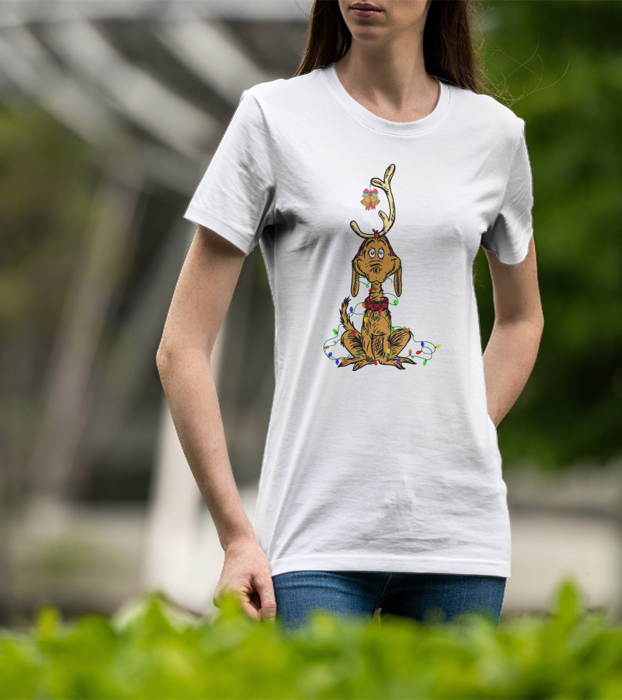 Grinch Max With Christmas Lights And Antlers T-Shirt