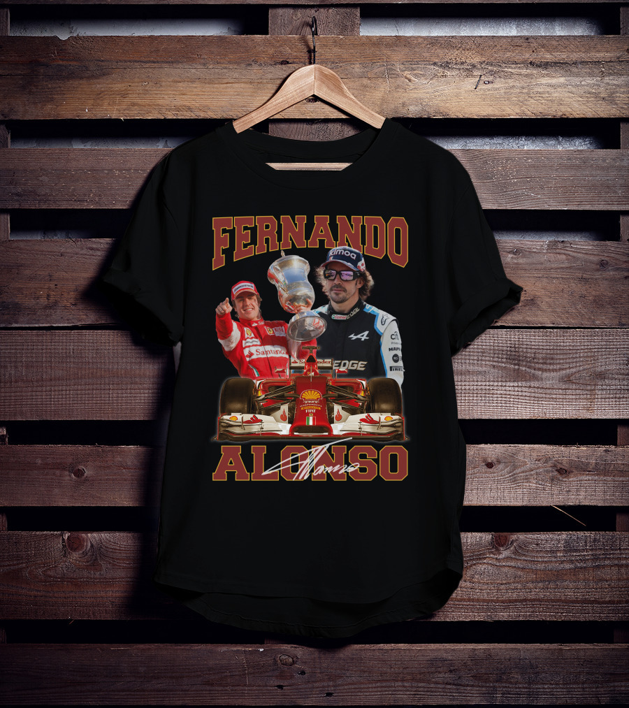 Fernando Alonso F1 Racing Legend With Trophy And Cars T-Shirt