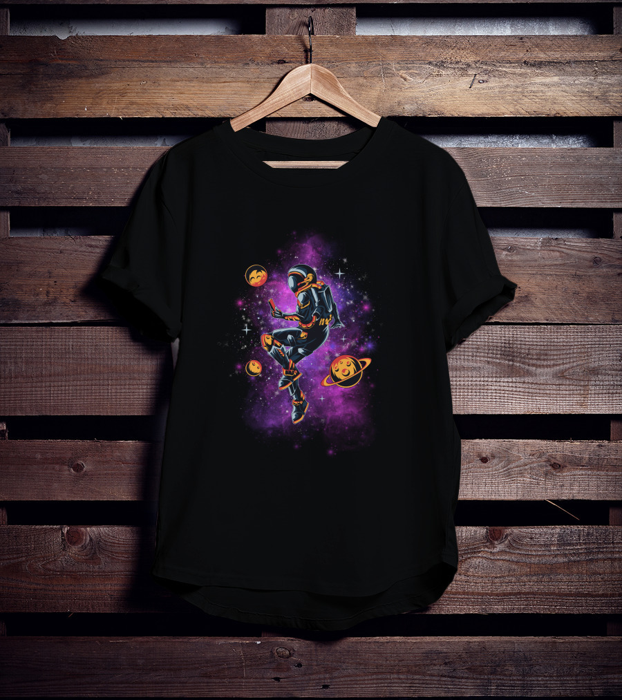 Astronaut Exploring Cosmic Emojis In Vibrant Galaxy Space Adventure T-Shirt
