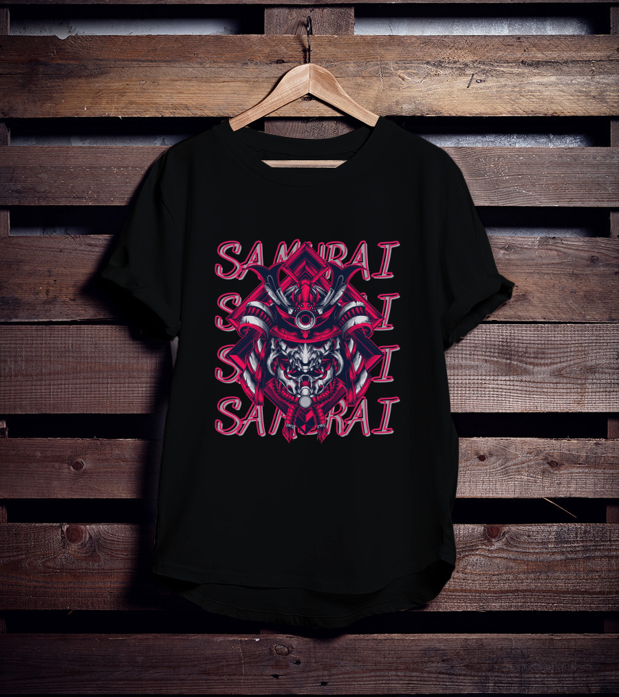 Samurai Warrior Mask With Repeated Samurai Text T-Shirt