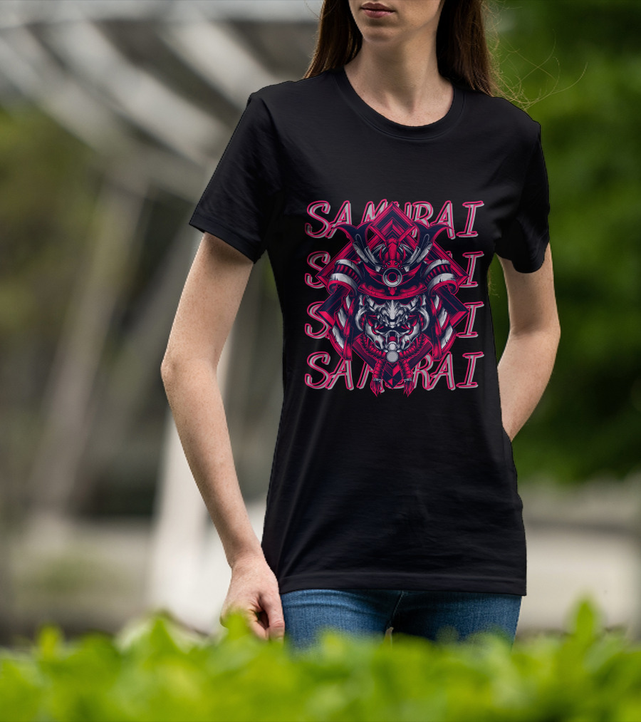 Samurai Warrior Mask With Repeated Samurai Text T-Shirt