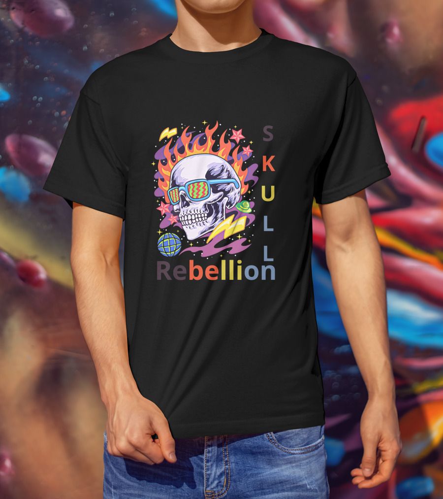Rebellion Skull With Fiery Sunglasses And Cosmic Elements T-Shirt