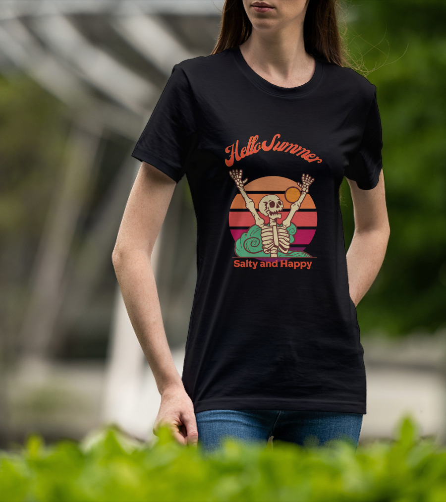 Hello Summer Salty And Happy Skeleton Sunset T-Shirt