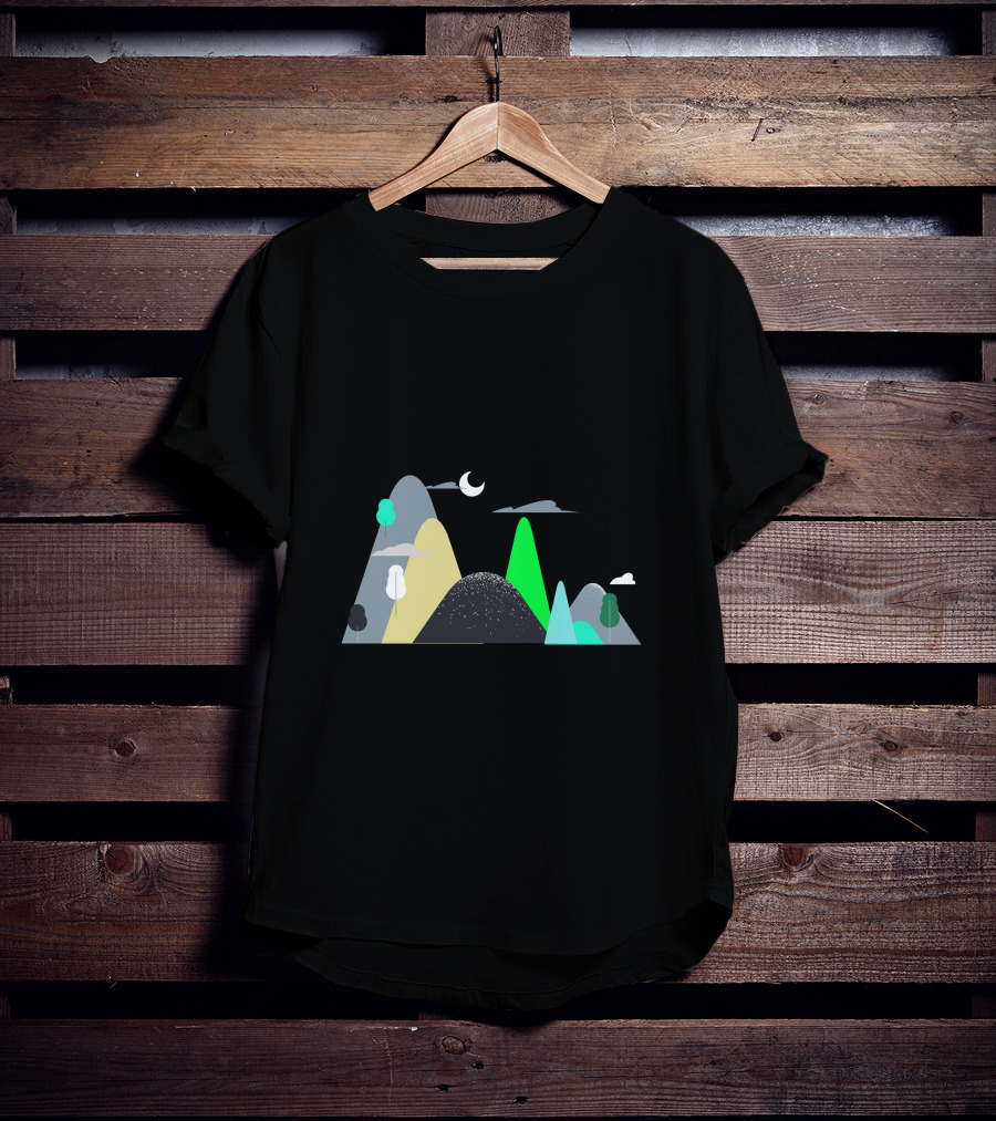 Mountains Moon Night Scene With Trees And Clouds T-Shirt