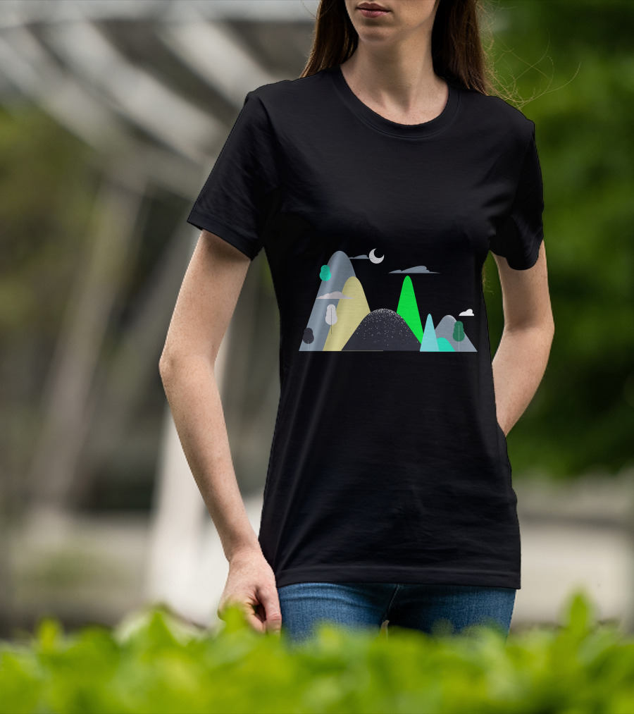 Mountains Moon Night Scene With Trees And Clouds T-Shirt
