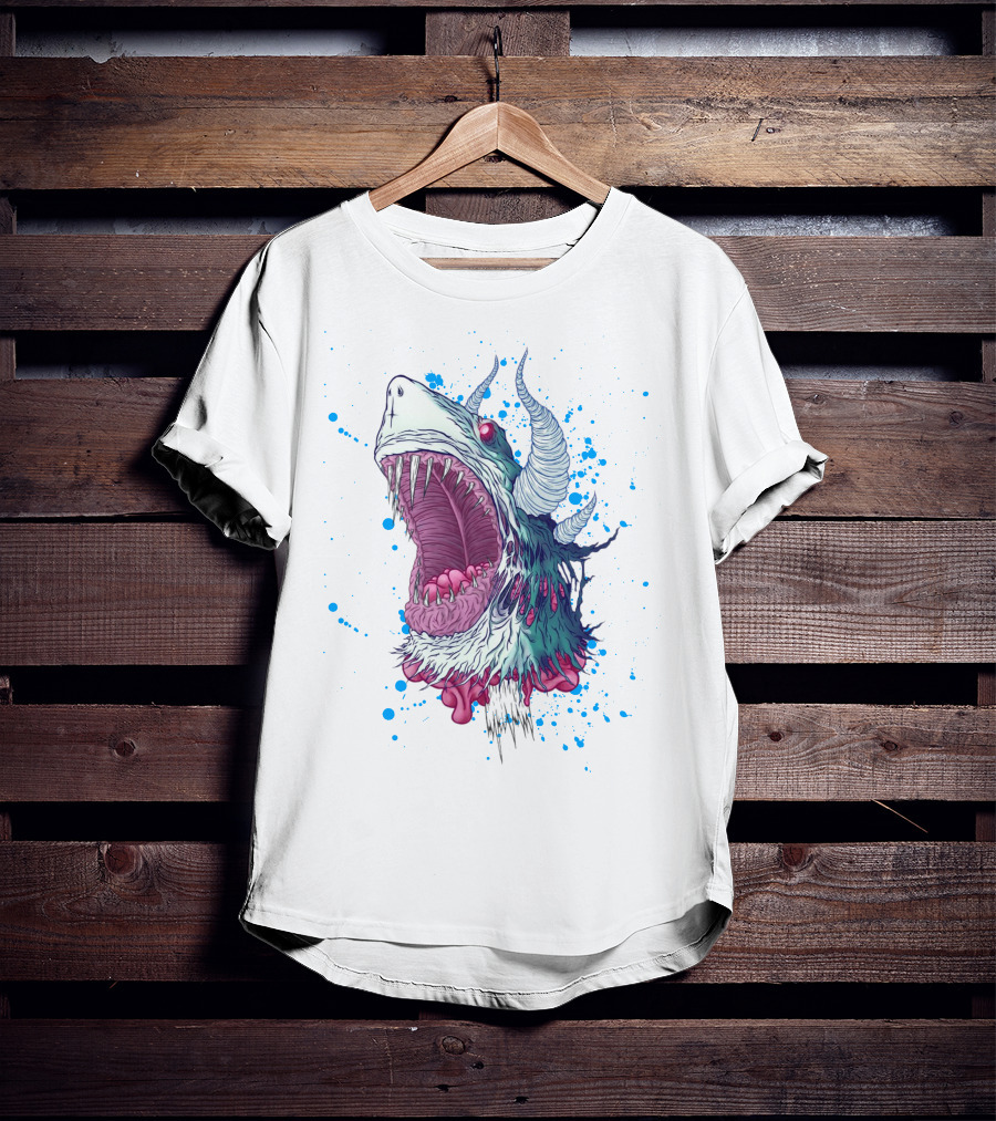 Monster Shark Scream With Horns And Splatter T-Shirt