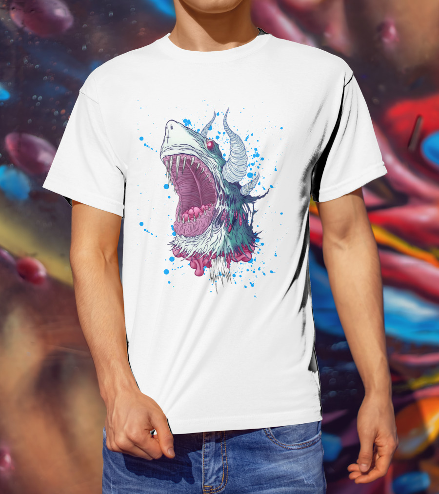Monster Shark Scream With Horns And Splatter T-Shirt