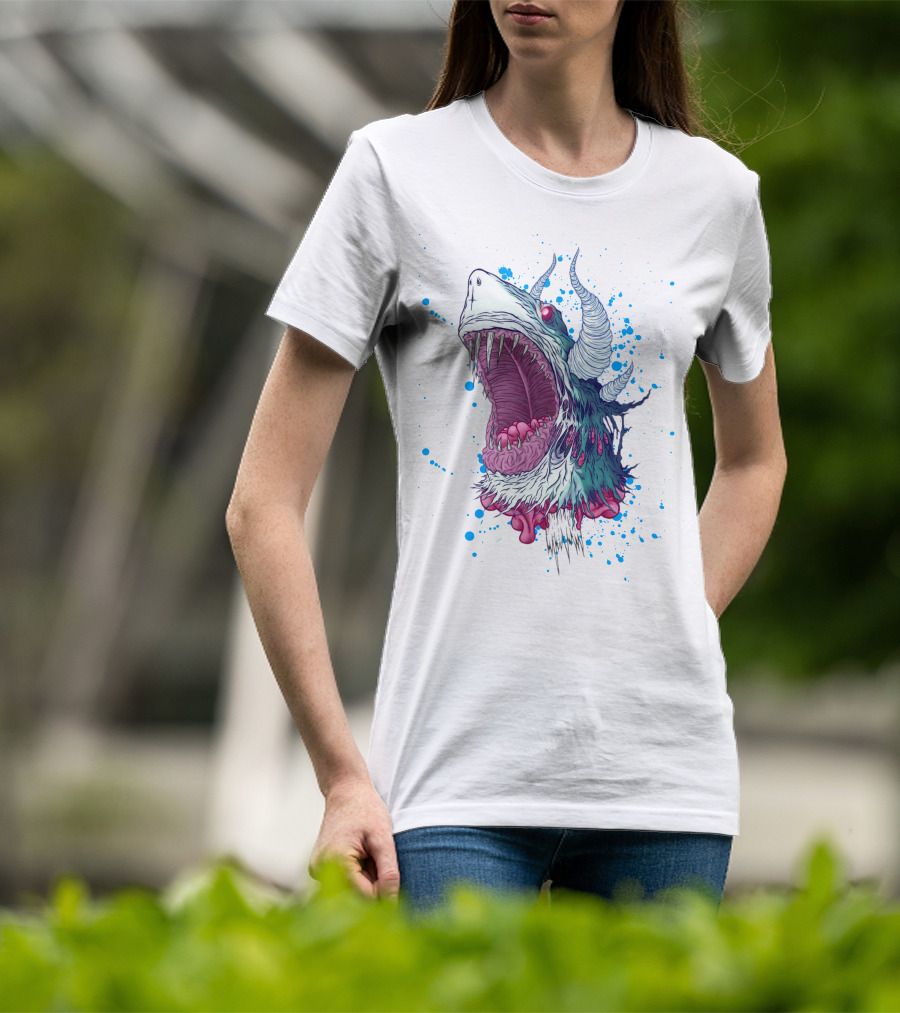 Monster Shark Scream With Horns And Splatter T-Shirt