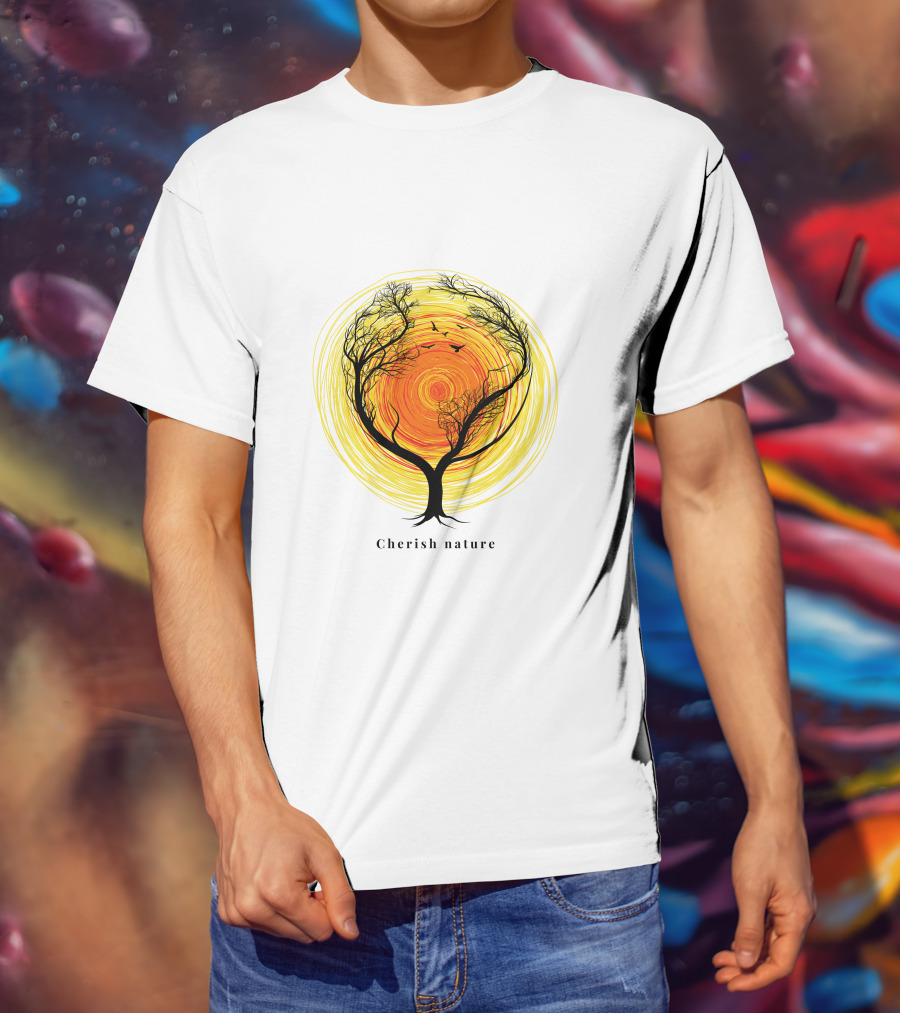 Cherish Nature Tree Silhouette With Birds And Vibrant Spiral Sun T-Shirt