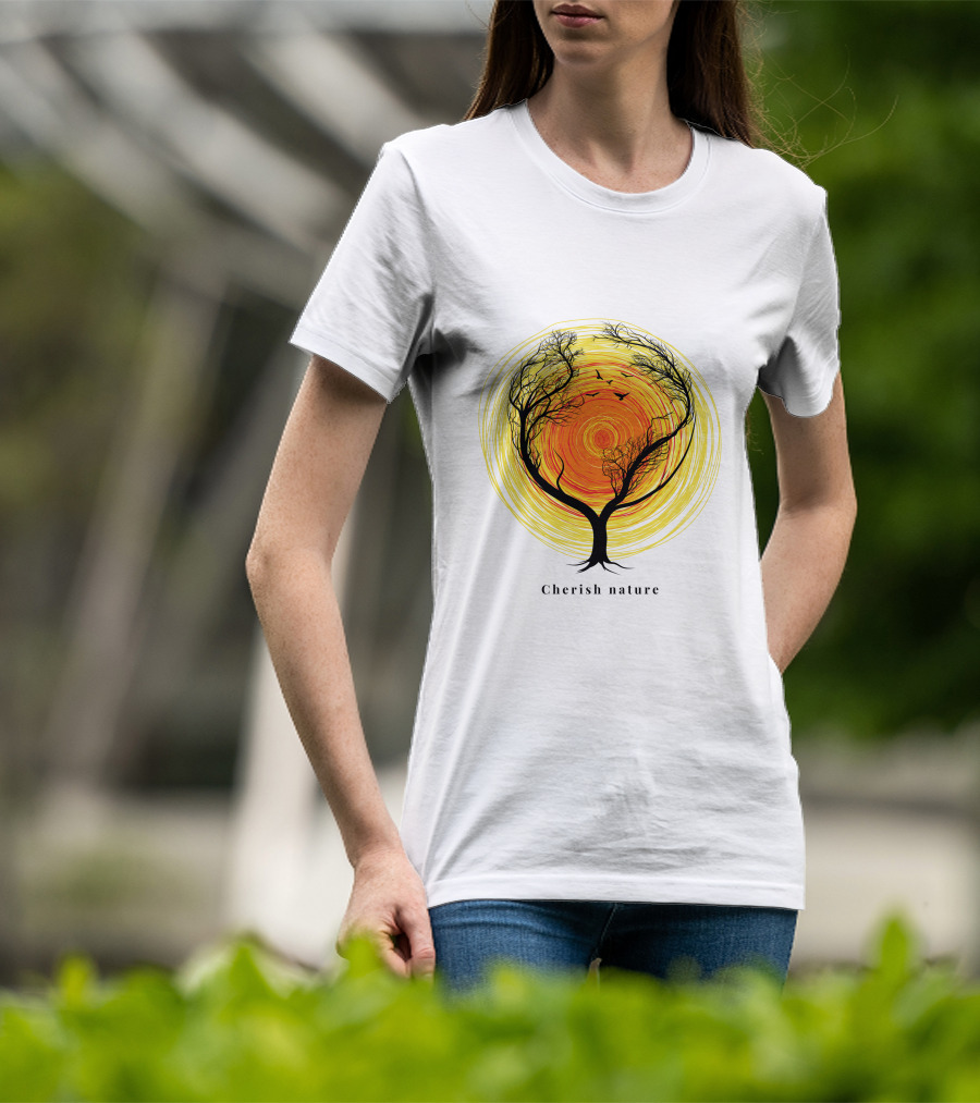 Cherish Nature Tree Silhouette With Birds And Vibrant Spiral Sun T-Shirt