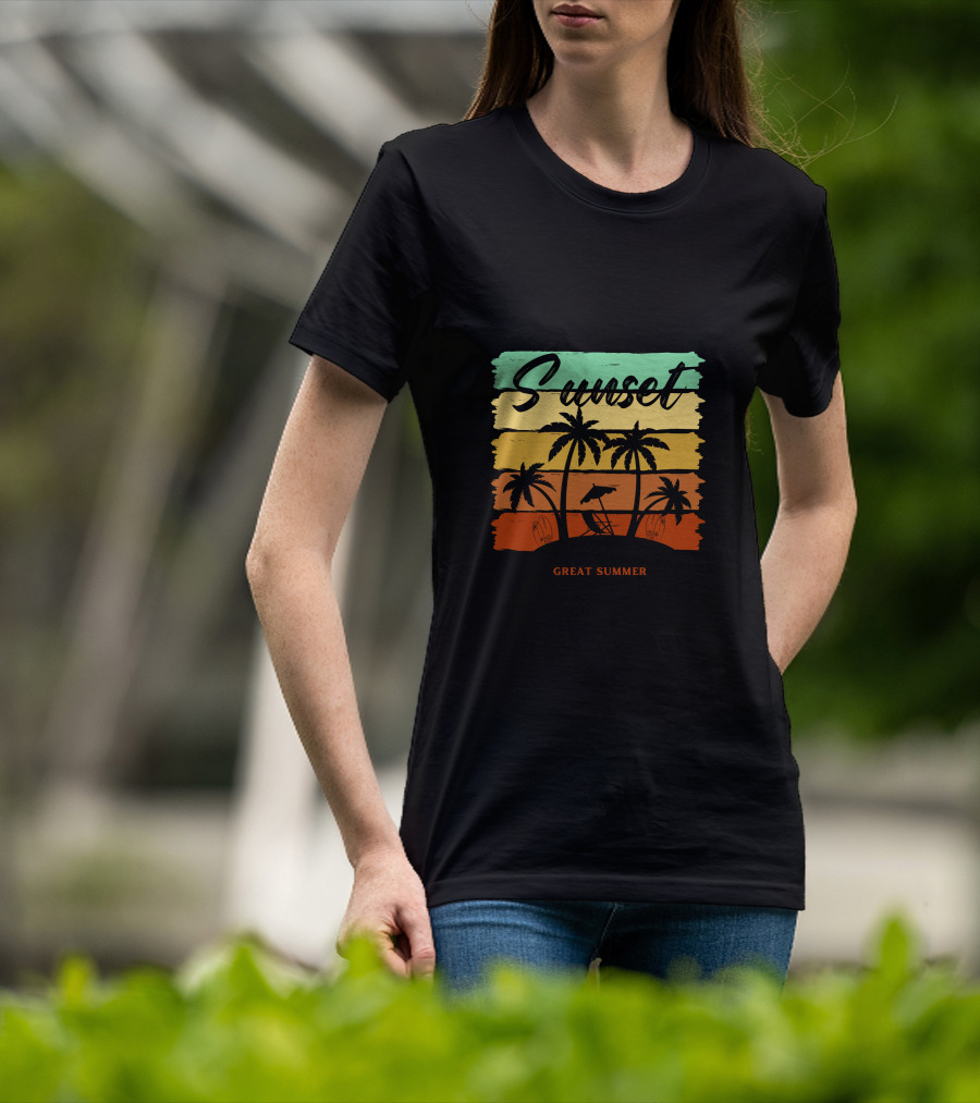 Sunset Great Summer Palm Trees Beach Scene T-Shirt