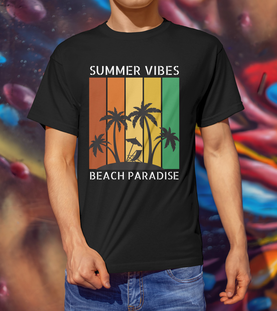 SUMMER VIBES BEACH PARADISE Palm Trees And Lounge Chair On Sunset Stripes T-Shirt