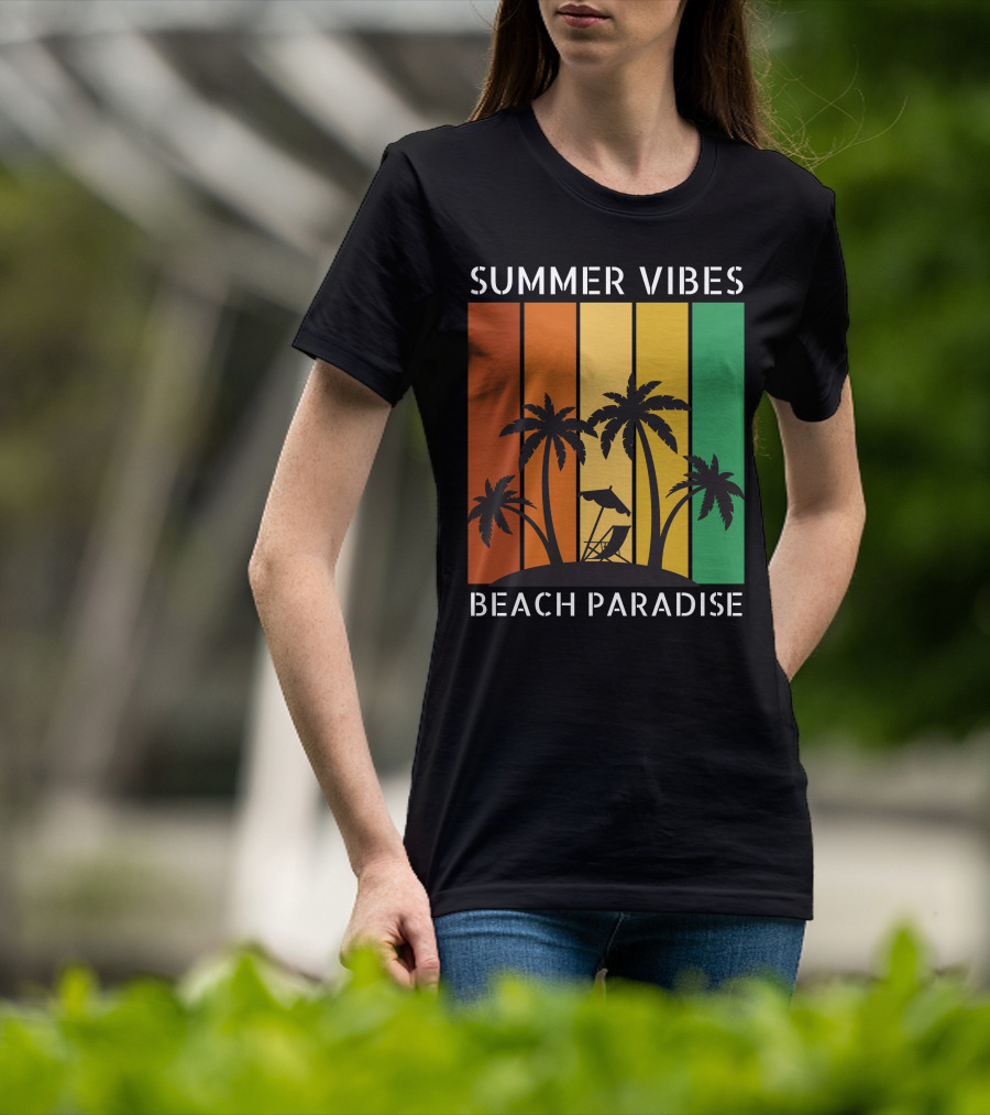 SUMMER VIBES BEACH PARADISE Palm Trees And Lounge Chair On Sunset Stripes T-Shirt