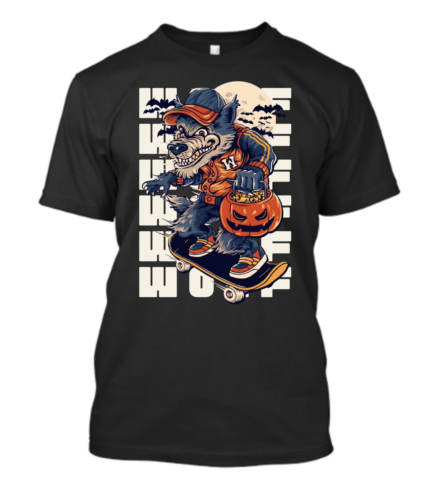Wolf Trick-or-Treat Skateboarder With Pumpkin And Moon T-Shirt